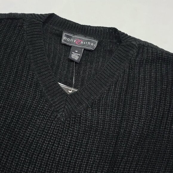 Polly & Esther ✦ Black Distressed High-Low Sweater ✦ V-Neck Ribbed Knit Sz M NWT - Picture 7 of 10